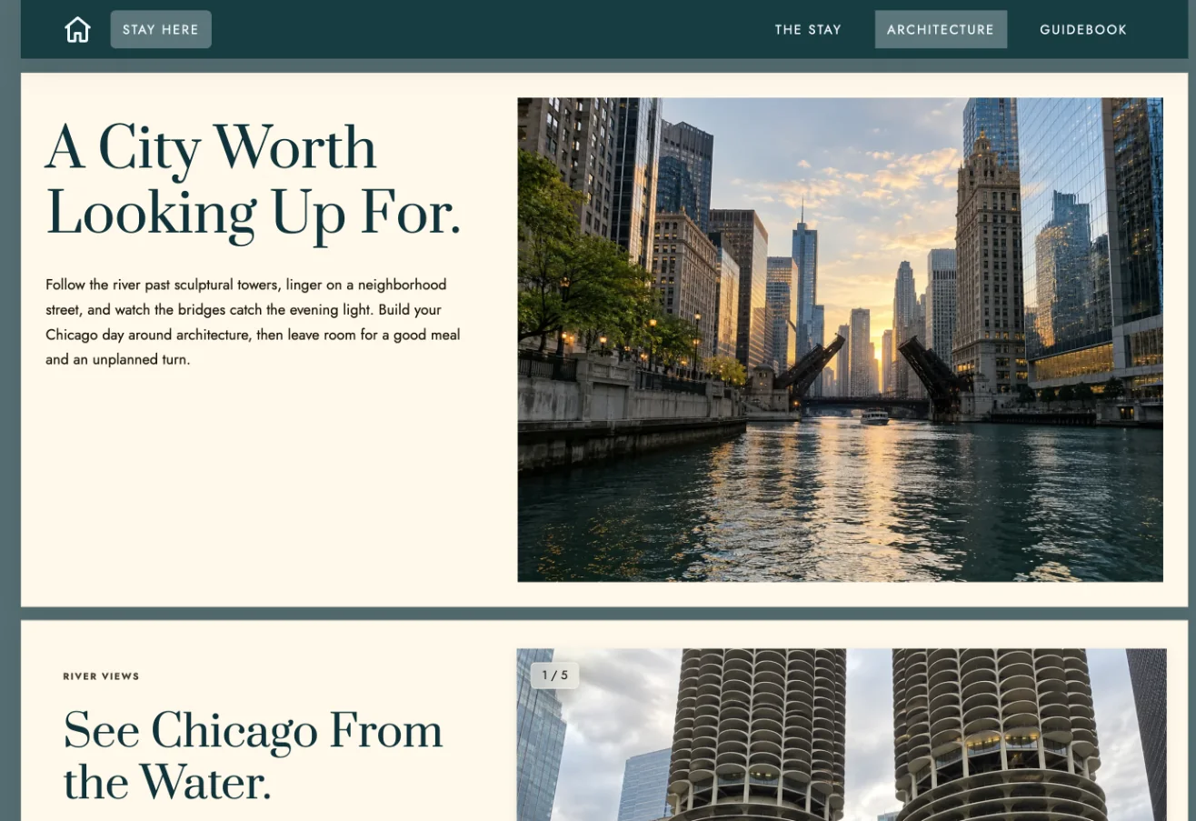 A page with no menu, in one column, on the Chicago MCM website
