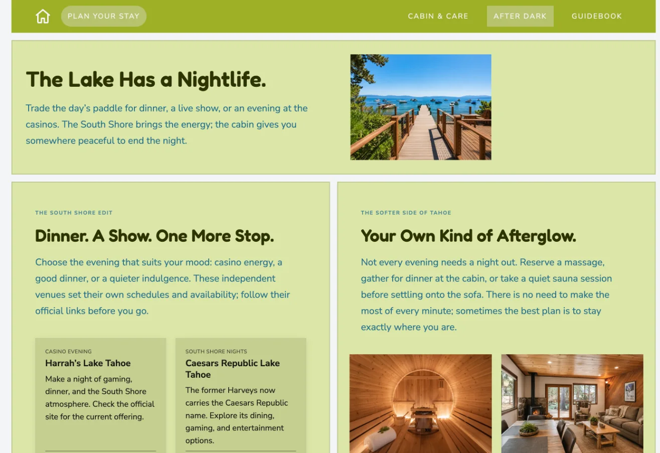 A page with no menu, in two columns, on the Tahoe Cabin website