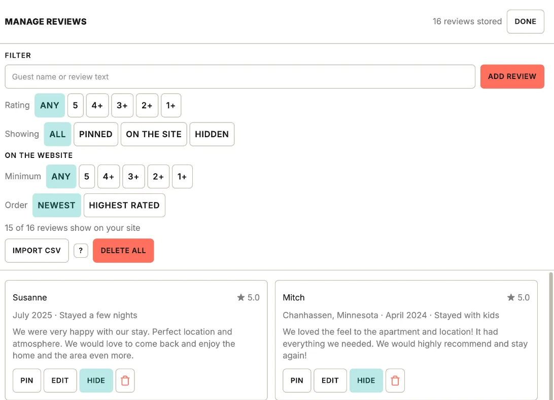 Managing Reviews: pin, edit, hide