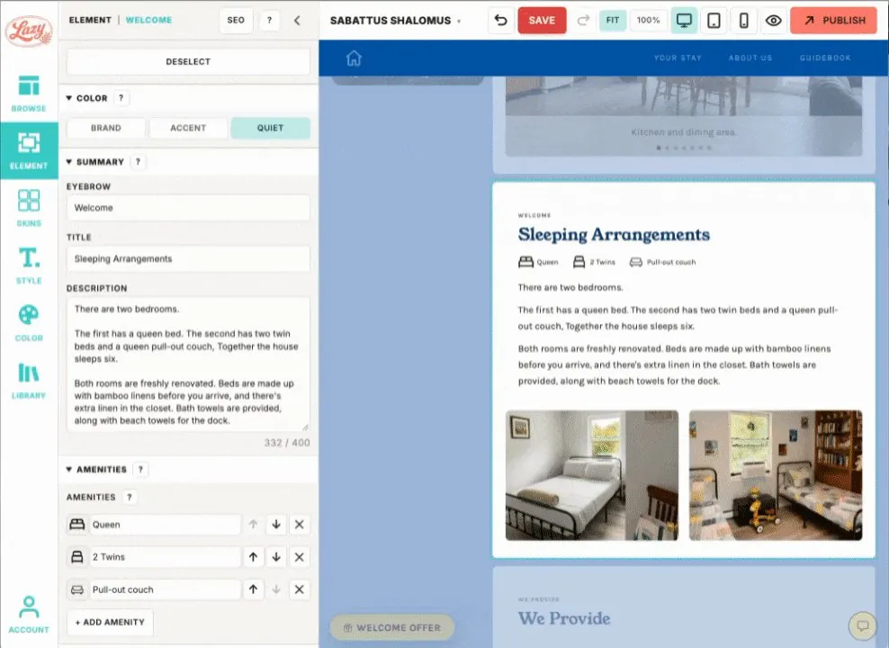 The Lazy editor on the Sabattus Shalomus website: editing the Sleeping Arrangements section that the AI assistant reads
