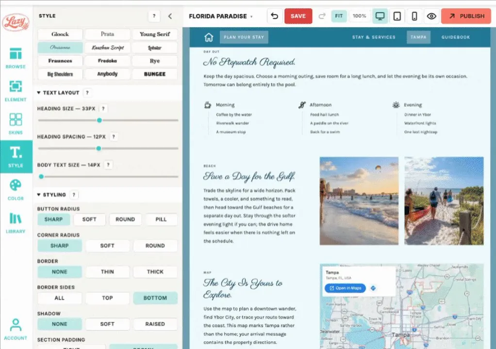 The Lazy editor: the Style panel changing fonts, text sizes, buttons and corners on the Florida Paradise website