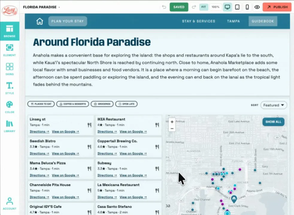 The Lazy guidebook on the Florida Paradise website: nearby places in a list and on a map, filtered by category