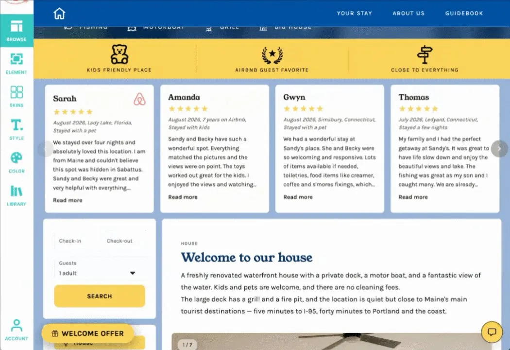 Guest reviews from Airbnb shown as cards on the website, with stars, dates and Read more
