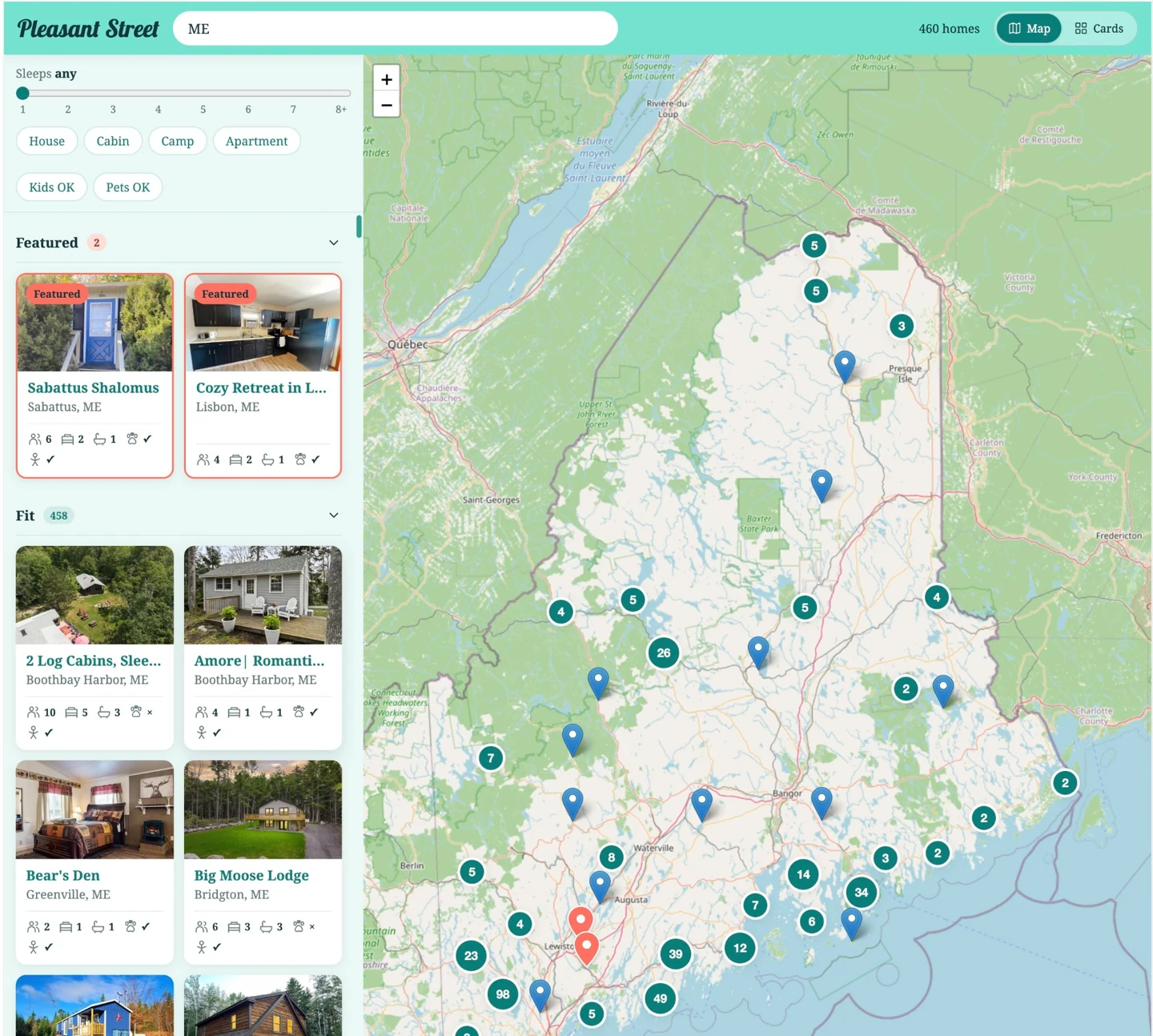 A directory map with property markers and matching homes alongside it