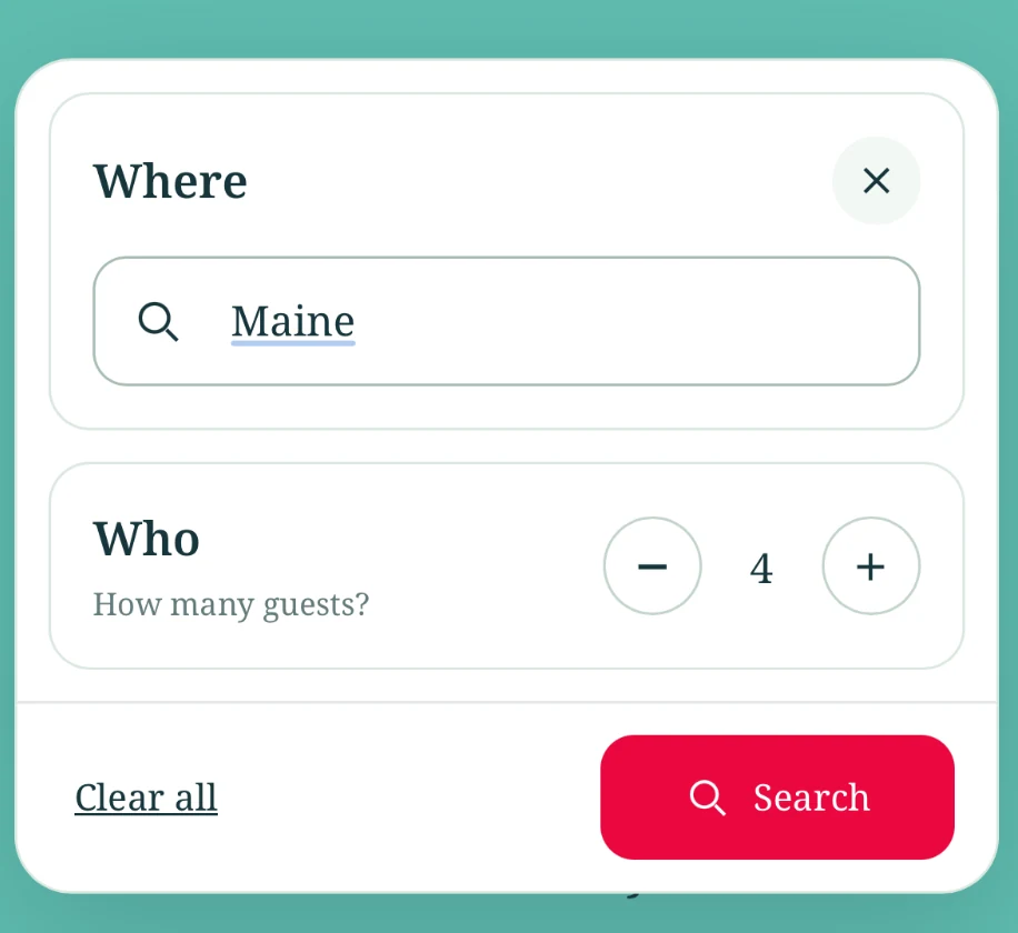 The Where and Who search panel, with Maine and four guests selected