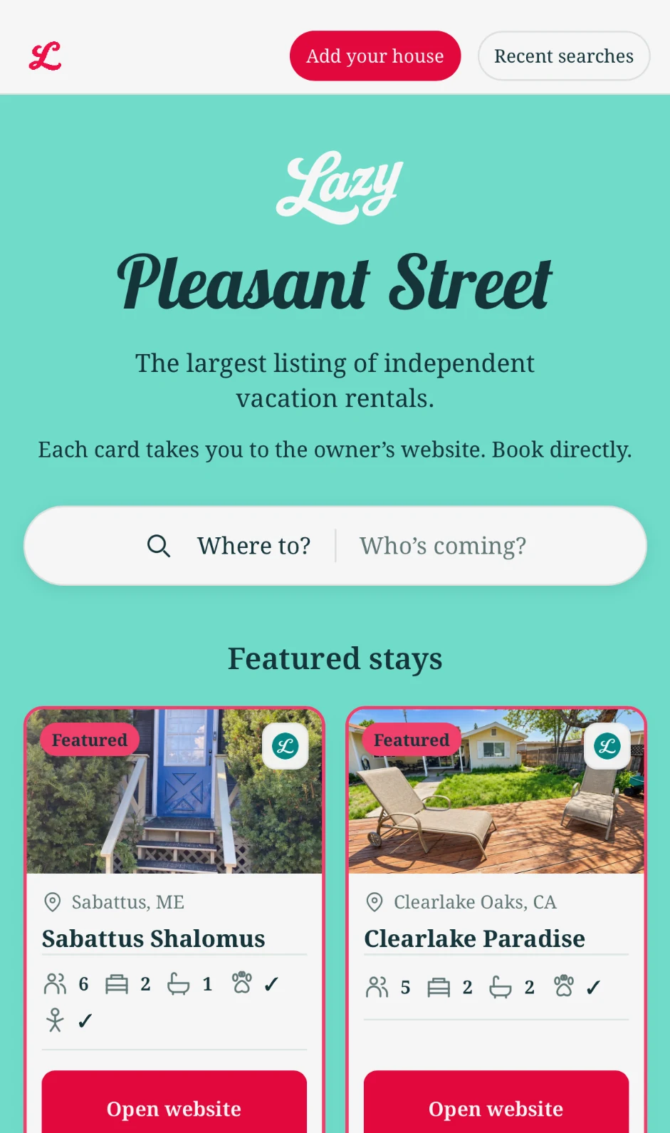 The Pleasant Street homepage and compact property cards on a phone