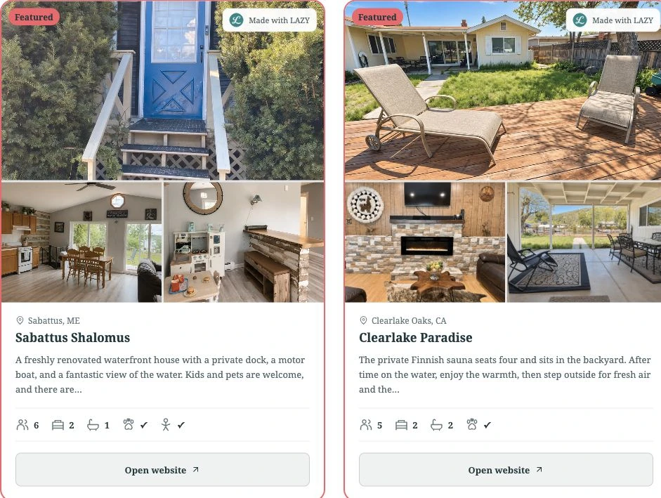 Property details with photographs and a direct Open website button on each card