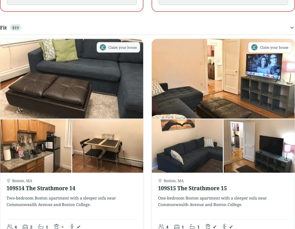Independent property cards with a Claim your house badge over the photos