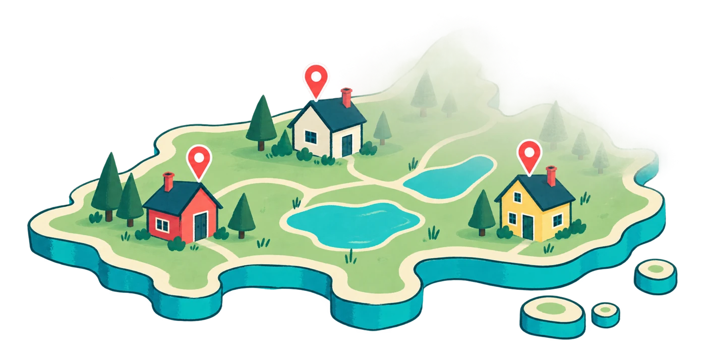 An illustrated island with three vacation homes and coral map pins