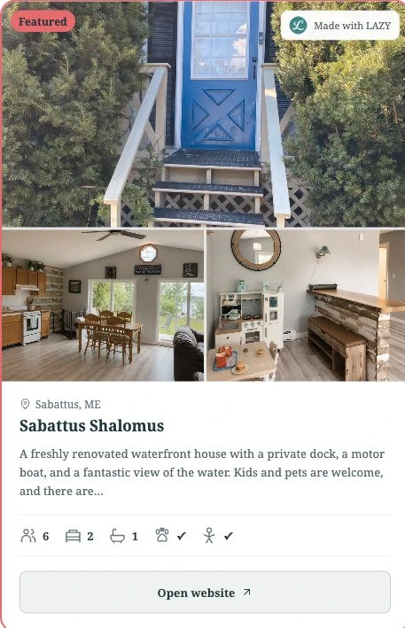 A property card with photographs, location, description, feature icons and an Open website button