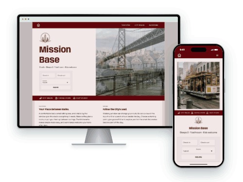 Mission Base — vacation rental website built with LAZY, on desktop and phone