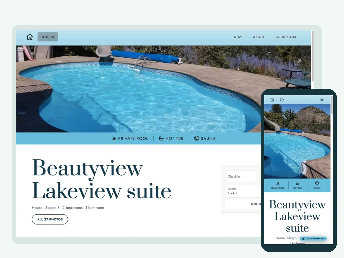 Beautyview Lakeview Suite — vacation rental website built with LAZY, on desktop and phone