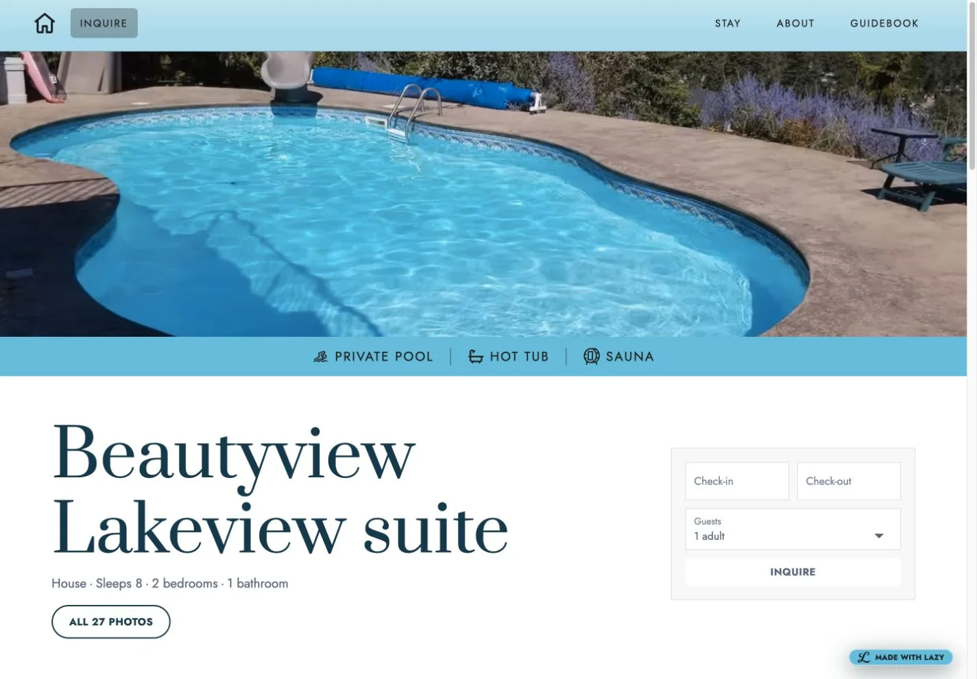 Beautyview Lakeview Suite — vacation rental website built with LAZY