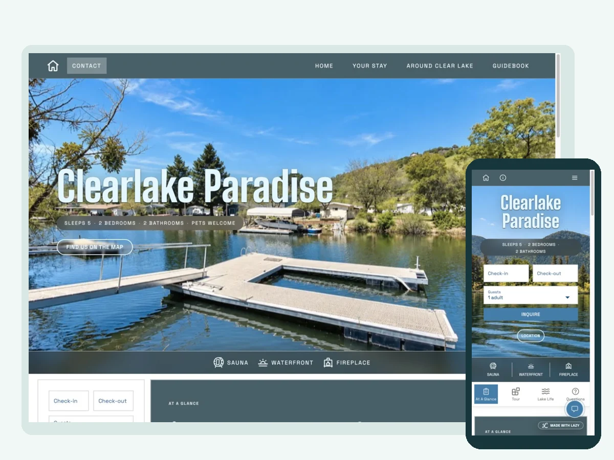 Clearlake Paradise — vacation rental website built with LAZY, on desktop and phone