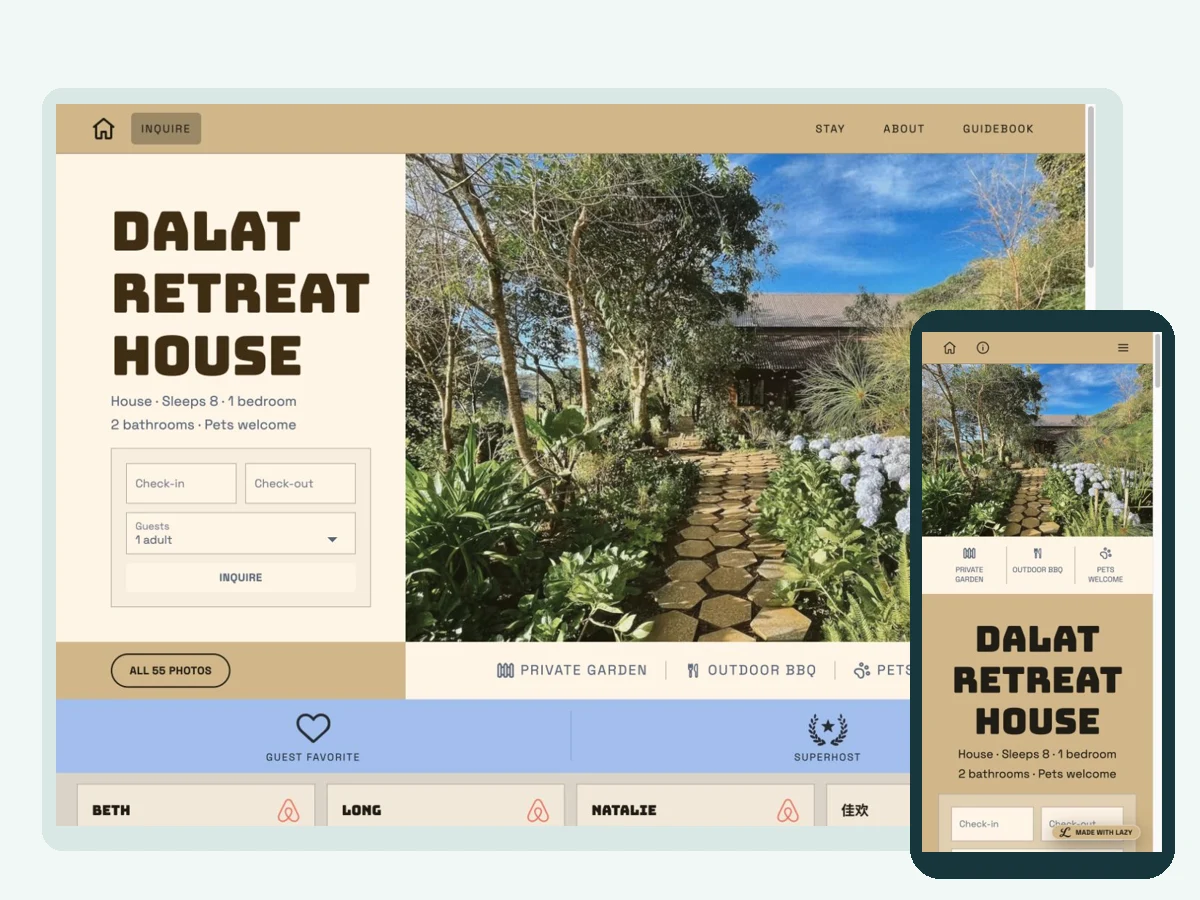 Dalat Retreat House — vacation rental website built with LAZY, on desktop and phone