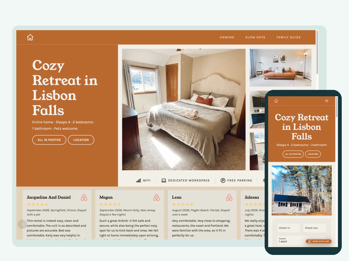Cozy Retreat in Lisbon Falls — vacation rental website built with LAZY, on desktop and phone