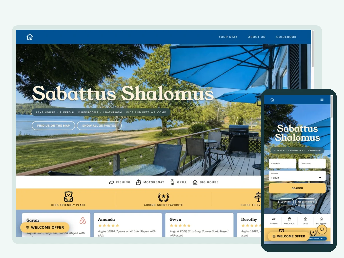 Sabattus Shalomus — vacation rental website built with LAZY, on desktop and phone